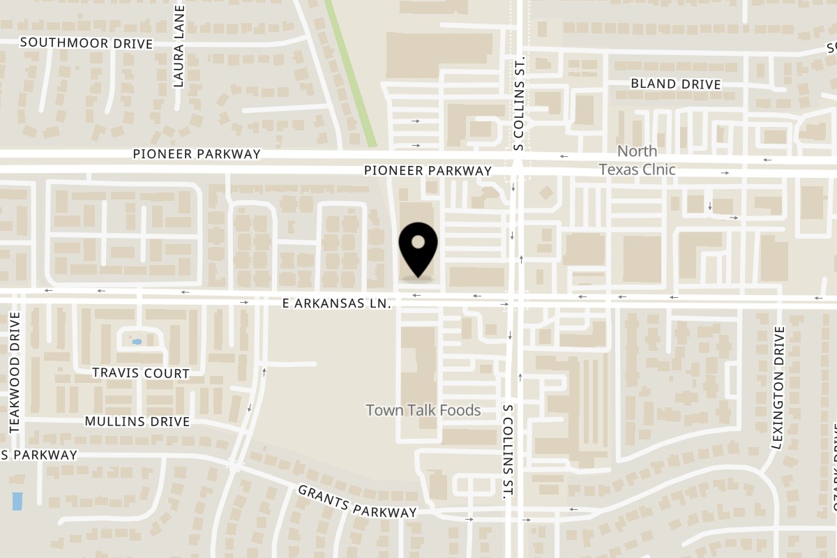 Map showing the location of T's Buka on 807 E Arkansas Ln in Arlington